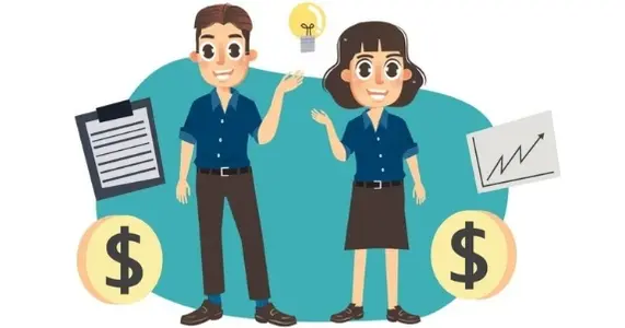 Ilustración de dos personas proponiendo ideas para realizar más ventas.