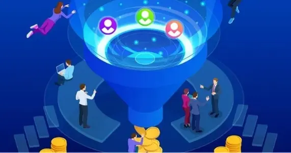 Ilustración de un embudo de conversión. Aparecen personas trabando en ello y leads convirtiéndose en clientes finales.