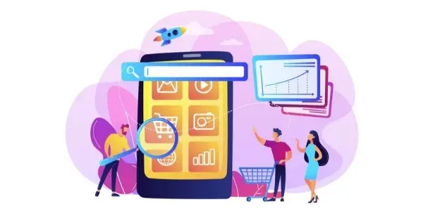 Ilustración de un eCommerce dentro de un smartphone. A su alrededor aparecen clientes interactuando con la plataforma.