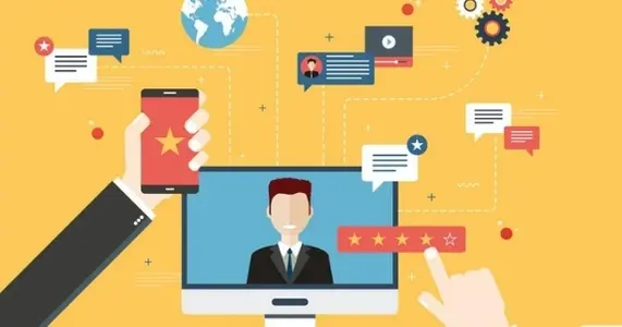 Representación de la publicidad programática segmentada. Aparece una pantalla de ordenador, dos manos gestionando diversos elementos como un vídeo, valoraciones, comentarios, mensajes, etc.