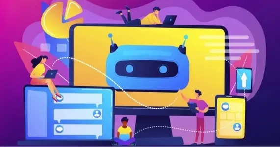Ilustración de un chatbot dentro de diversas pantallas de ordenador y smartphones. A su alrededor, aparece gente interactuando y gestionándolo.
