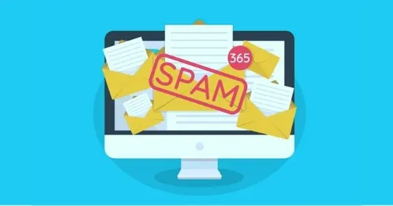 Ilustración de una pantalla de ordenador con correos spam saliendo de ella.