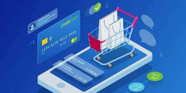 Ilustración de un smartphone, y a su alrededor aparecen elementos relacionados al concepto de ecommerce